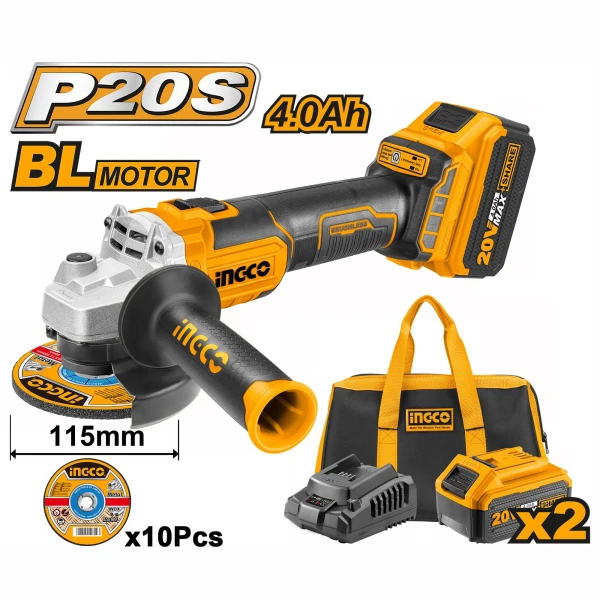 AMOLADORA 20V P20S + 2 BAT + CARGADOR + DISCOS Y BOLSO CAGLI2011582 INGCO