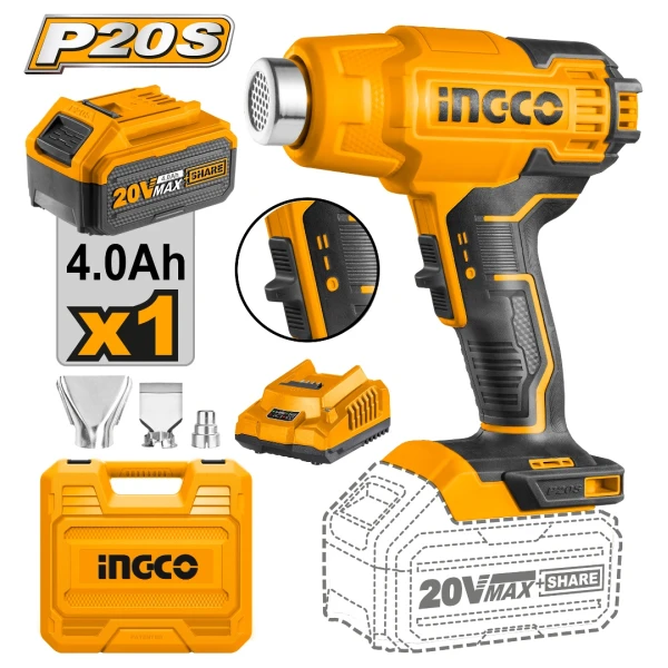 PISTOLA DE CALOR 20 V P20S 550ºC + BATERIA 4 Ah+ CARGADOR HGLI20025 INGCO