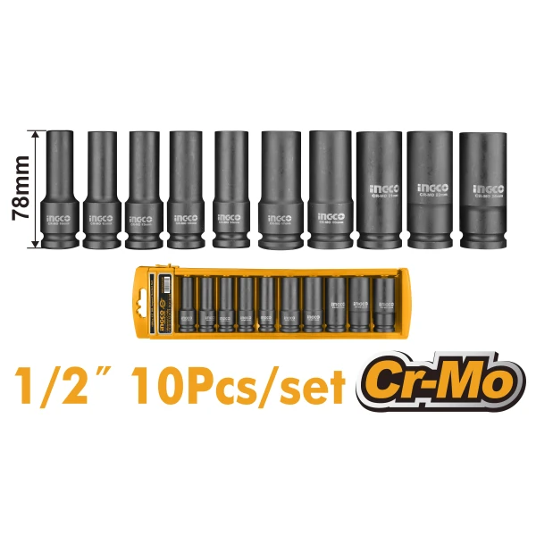 JUEGO 10 DADOS 1/2" IMPACTO PROFUNDOS INGCO HKISSD12102L