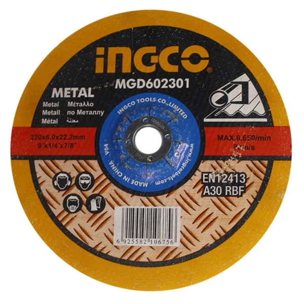 DISCO DESBASTE 9" X 6MM CENTRO DEPRIMIDO PARA METAL MGD602301 INGCO